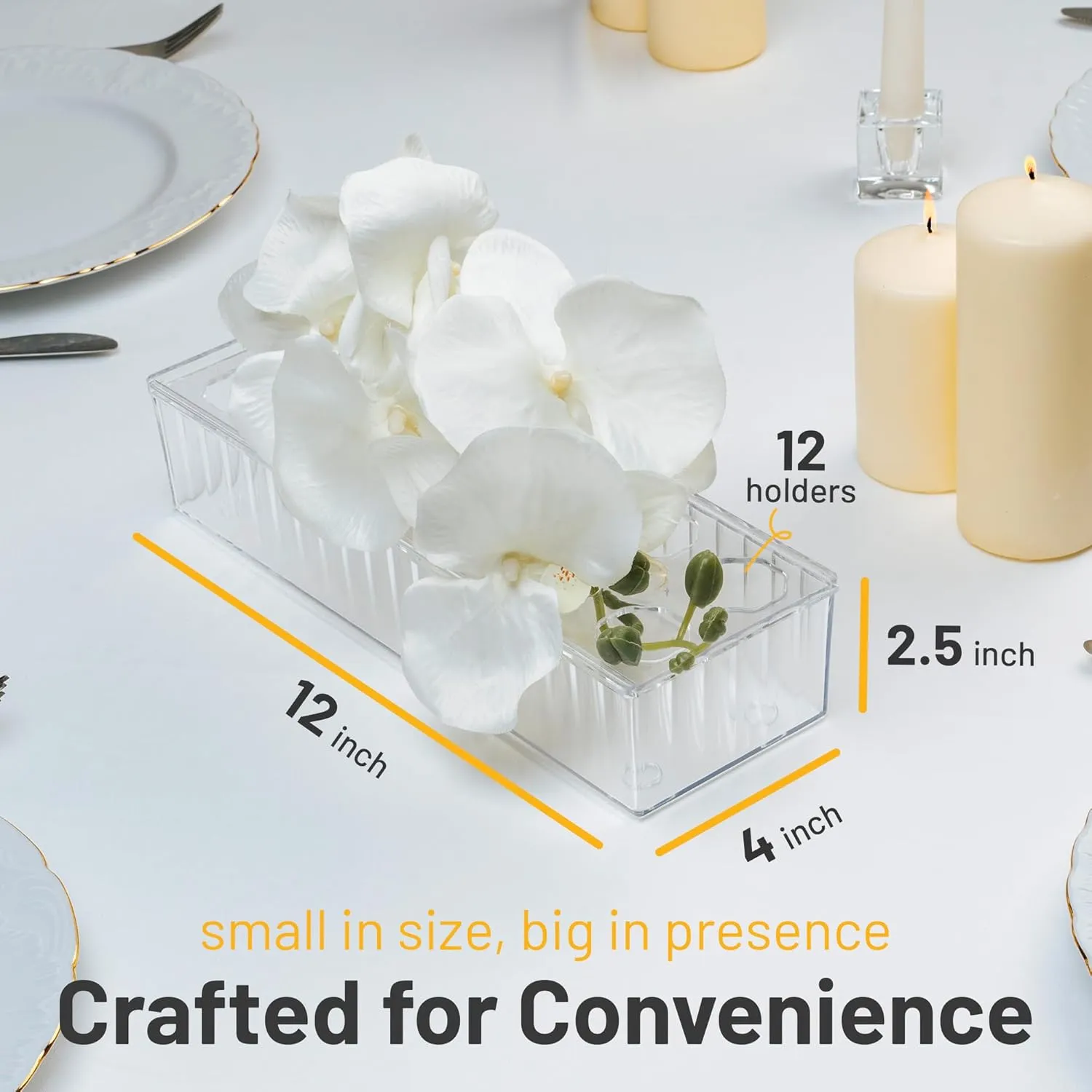 D&D Living 4 Pack Leak-Proof Wave Design Acrylic Long Rectangle Vases for Table Centerpieces - 48" Clear Flower Vases with 12 Holes as Floral Centerpieces