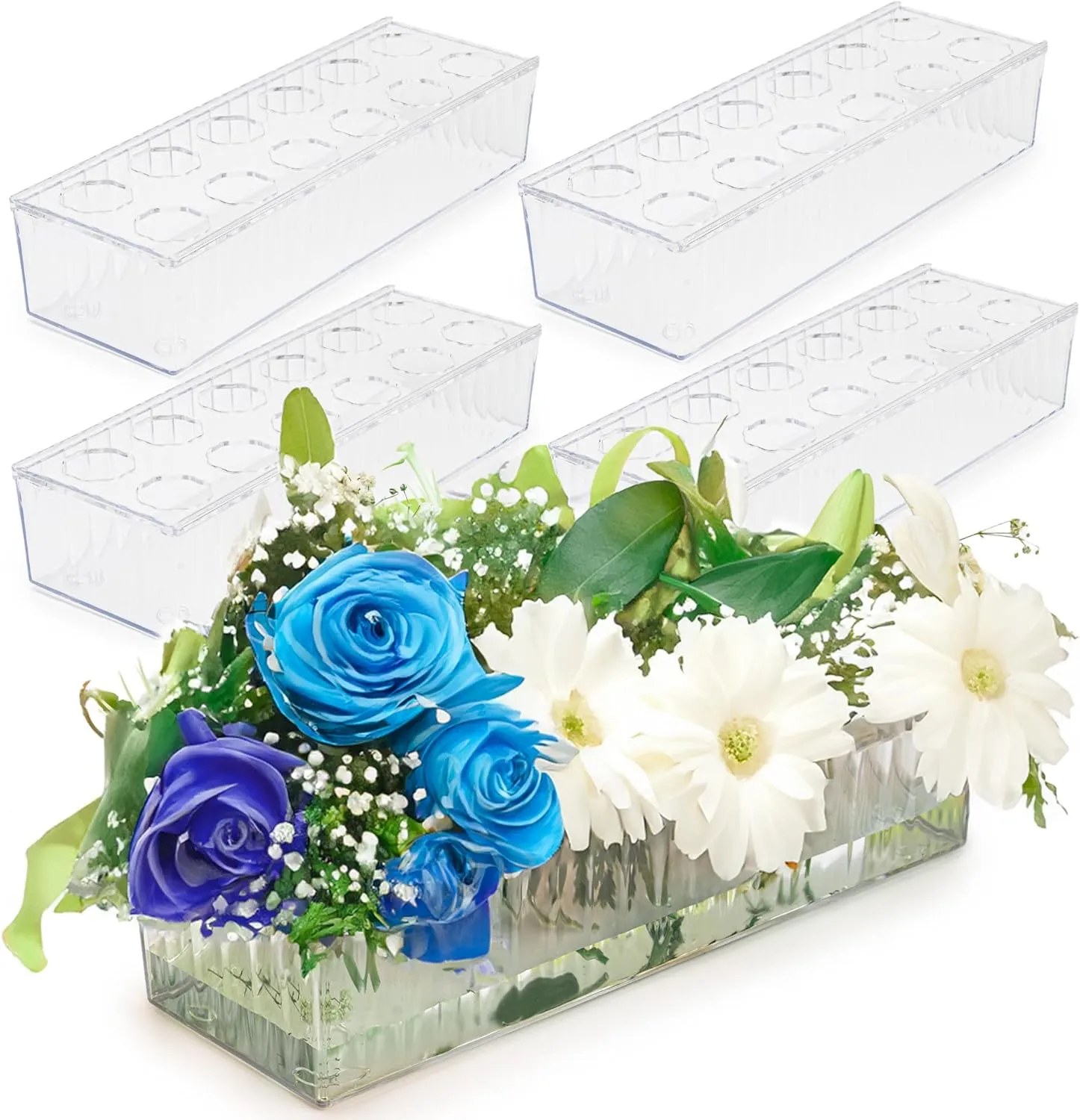 D&D Living 4 Pack Leak-Proof Wave Design Acrylic Long Rectangle Vases for Table Centerpieces - 48" Clear Flower Vases with 12 Holes as Floral Centerpieces