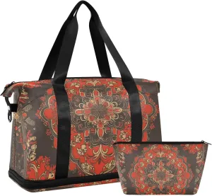 Dark Red Mandala Versatile Sports Travel Bag - Lasting Twill Tote, Removable Wheel & Rod Bagging, Multi-pocket Design, Complimentary Makeup Bag