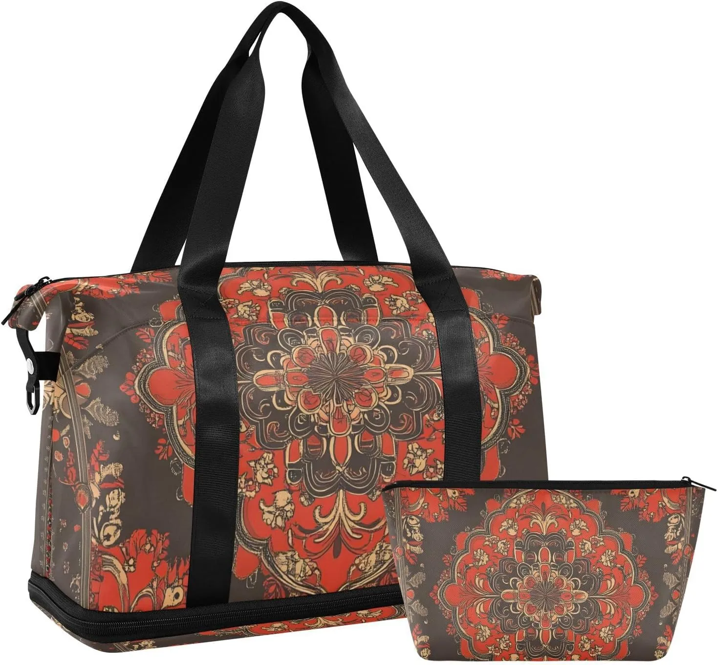 Dark Red Mandala Versatile Sports Travel Bag - Lasting Twill Tote, Removable Wheel & Rod Bagging, Multi-pocket Design, Complimentary Makeup Bag