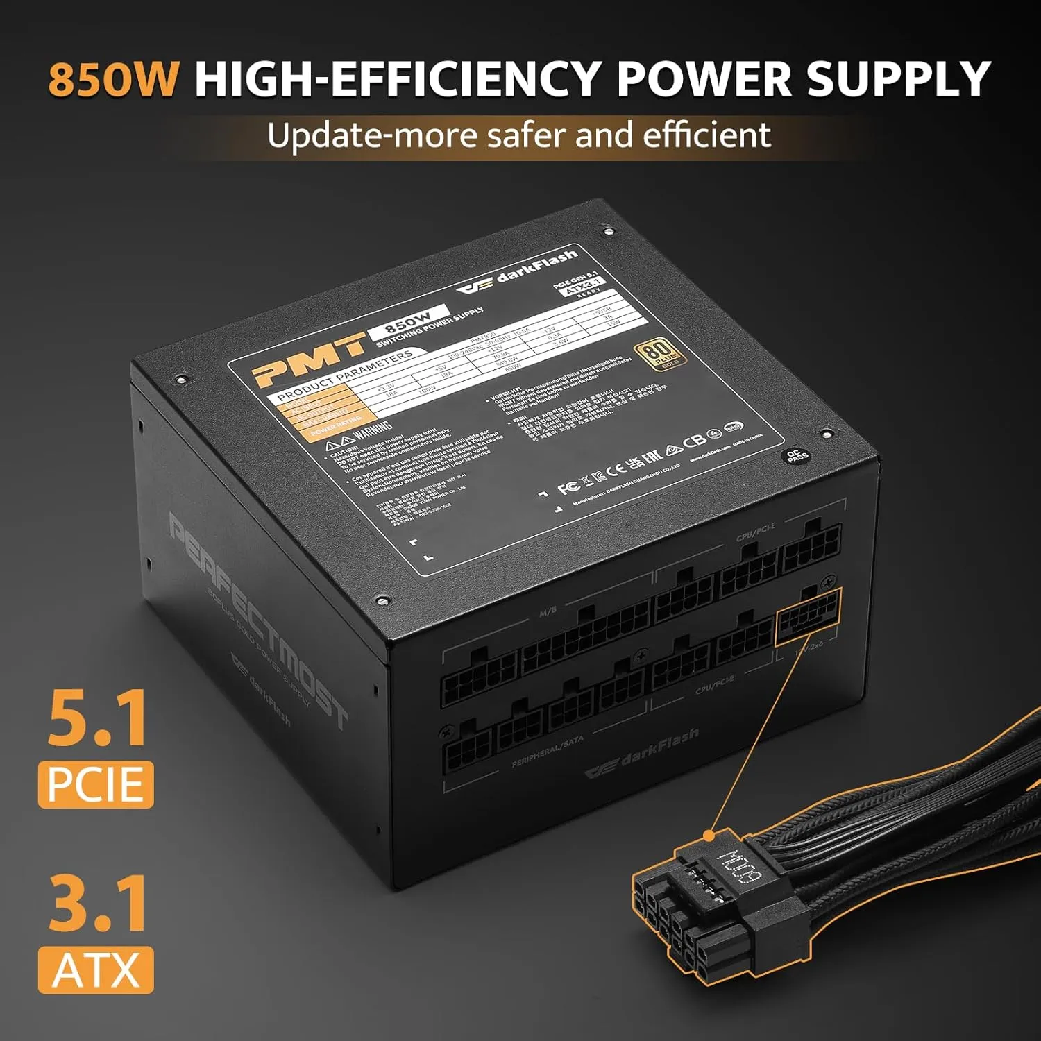 darkFlash PMT850 Fully Modular Power Supply ATX 3.1& PCIe 5.1 Ready, 12VHPWR Cable Included, 100% Japanese 105°C Capacitors, 80 Plus Gold Gaming PSU, Compact 150mm Size, 5 Year Warranty(Black)