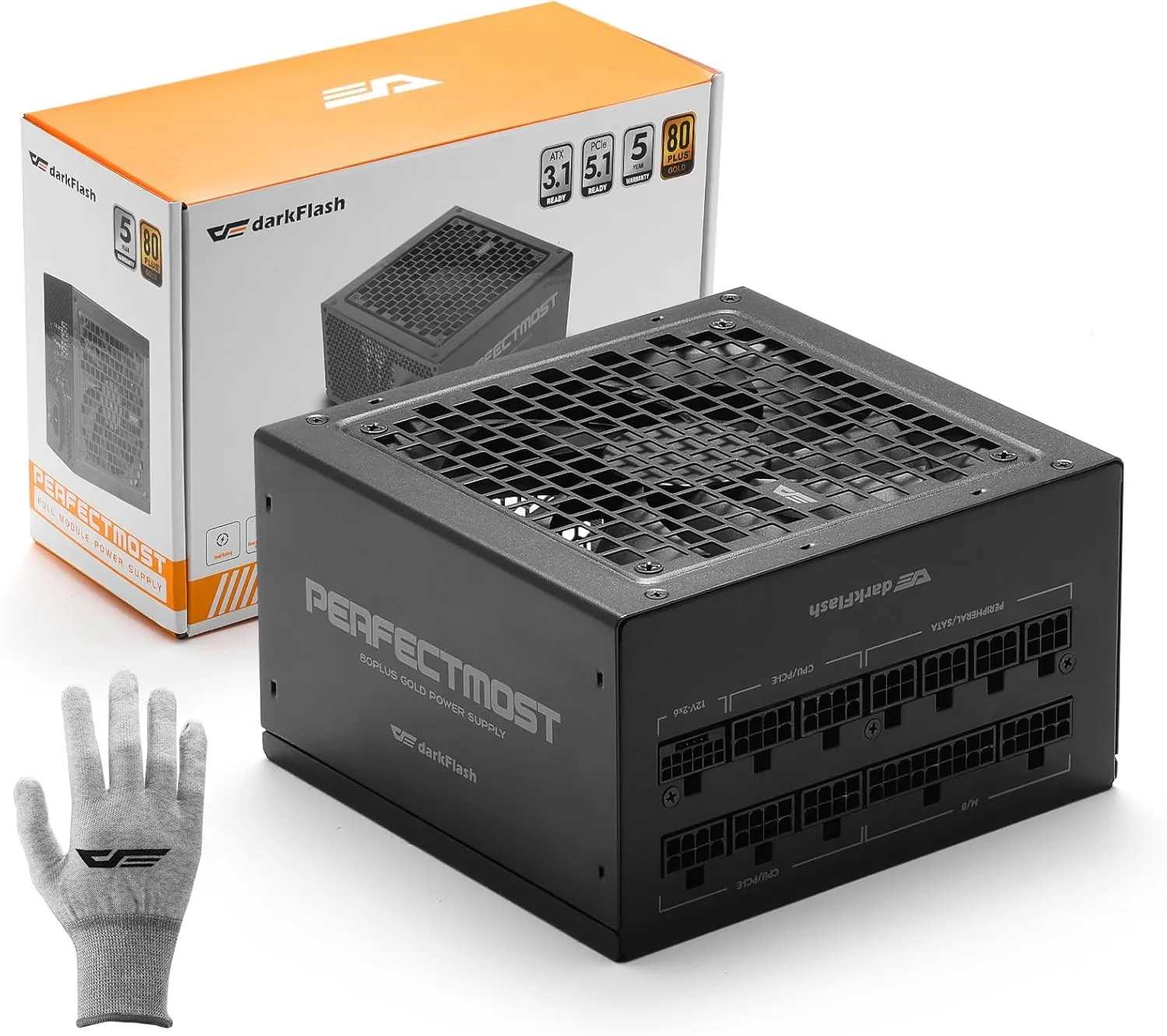 darkFlash PMT850 Fully Modular Power Supply ATX 3.1& PCIe 5.1 Ready, 12VHPWR Cable Included, 100% Japanese 105°C Capacitors, 80 Plus Gold Gaming PSU, Compact 150mm Size, 5 Year Warranty(Black)