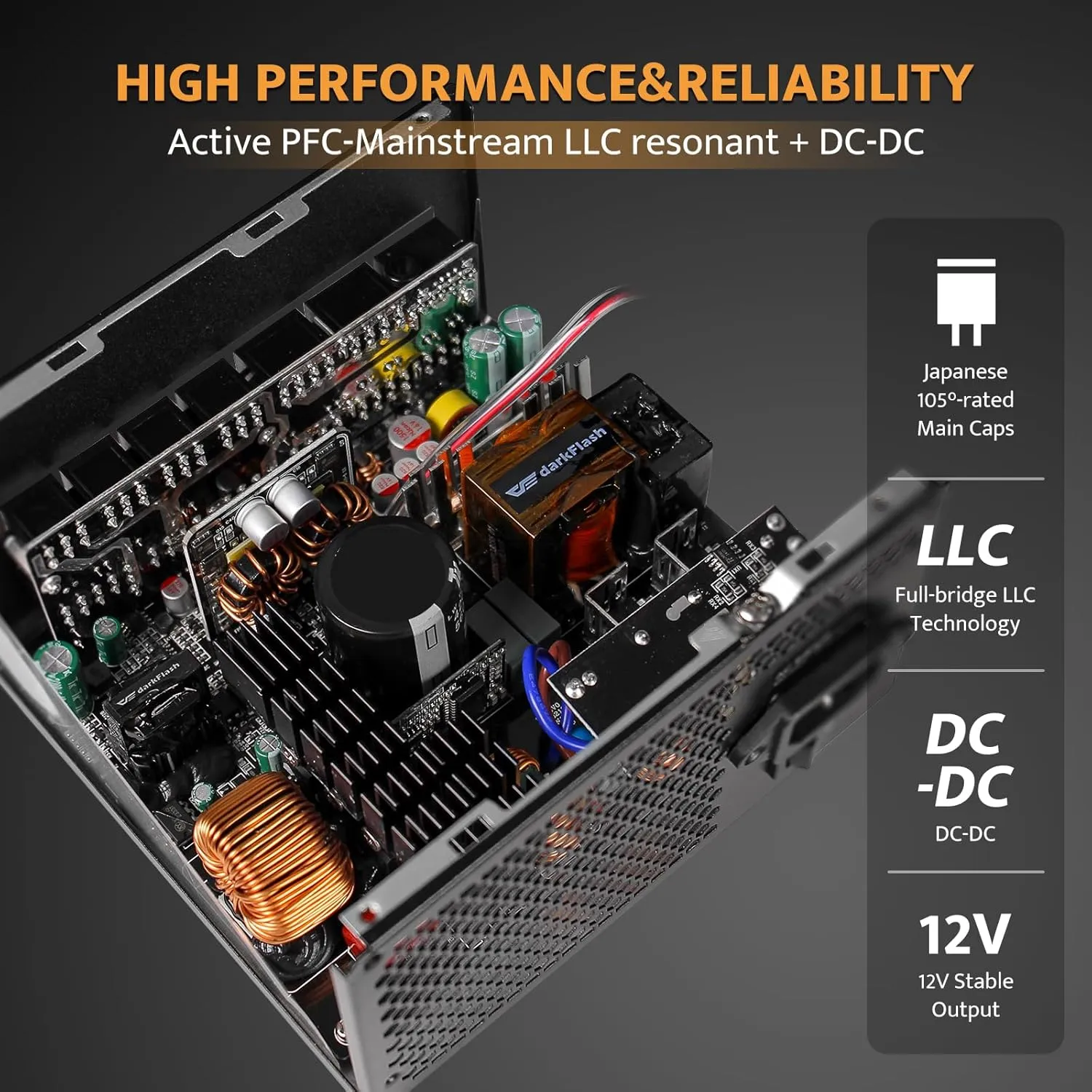 darkFlash PMT850 Fully Modular Power Supply ATX 3.1& PCIe 5.1 Ready, 12VHPWR Cable Included, 100% Japanese 105°C Capacitors, 80 Plus Gold Gaming PSU, Compact 150mm Size, 5 Year Warranty(Black)