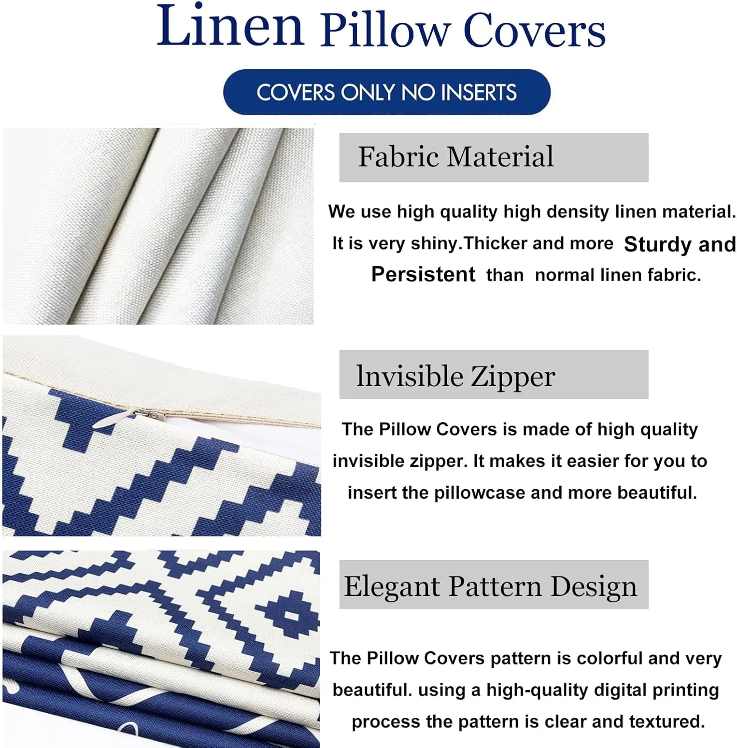 Decorative Throw Pillow Covers 18x18 Inch Blue Pillow Covers for Couch Sofa Living Room Bedroom car,Farmhouse Outdoor Throw Pillow Cover,Modern Geometric Linen Square Throw Pillow Case Set of 4