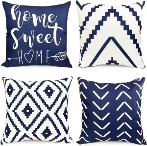 Decorative Throw Pillow Covers 18x18 Inch Blue Pillow Covers for Couch Sofa Living Room Bedroom car,Farmhouse Outdoor Throw Pillow Cover,Modern Geometric Linen Square Throw Pillow Case Set of 4