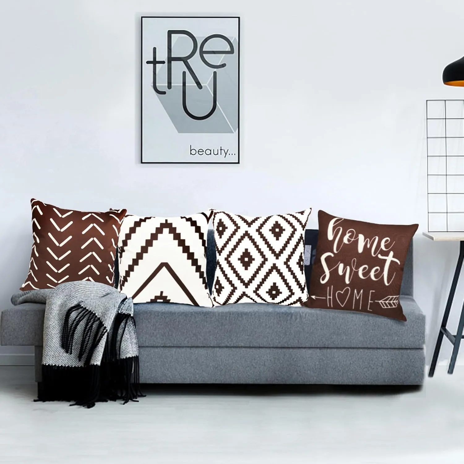 Decorative Throw Pillow Covers 18x18 inch Brown Pillow Covers for Couch Sofa Living Room Bedroom car,Farmhouse Outdoor Throw Pillow Cover,Modern Geometric Linen Square Throw Pillow Case Set of 4