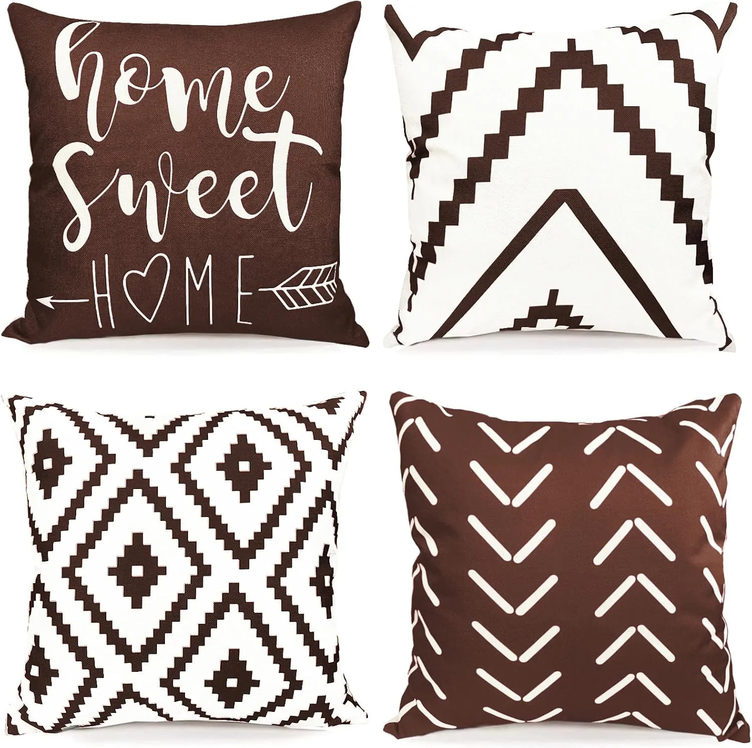Decorative Throw Pillow Covers 18x18 inch Brown Pillow Covers for Couch Sofa Living Room Bedroom car,Farmhouse Outdoor Throw Pillow Cover,Modern Geometric Linen Square Throw Pillow Case Set of 4