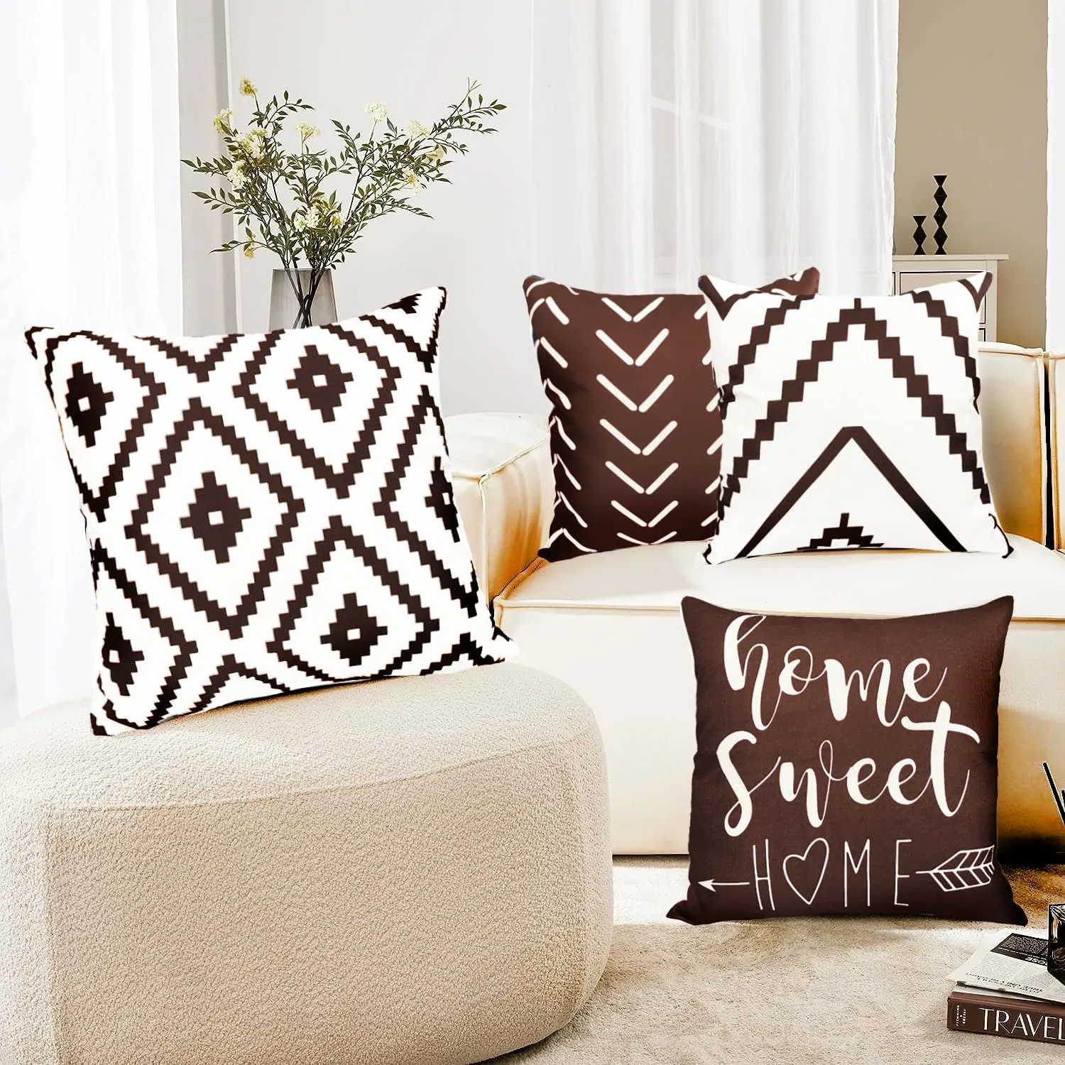Decorative Throw Pillow Covers 18x18 inch Brown Pillow Covers for Couch Sofa Living Room Bedroom car,Farmhouse Outdoor Throw Pillow Cover,Modern Geometric Linen Square Throw Pillow Case Set of 4