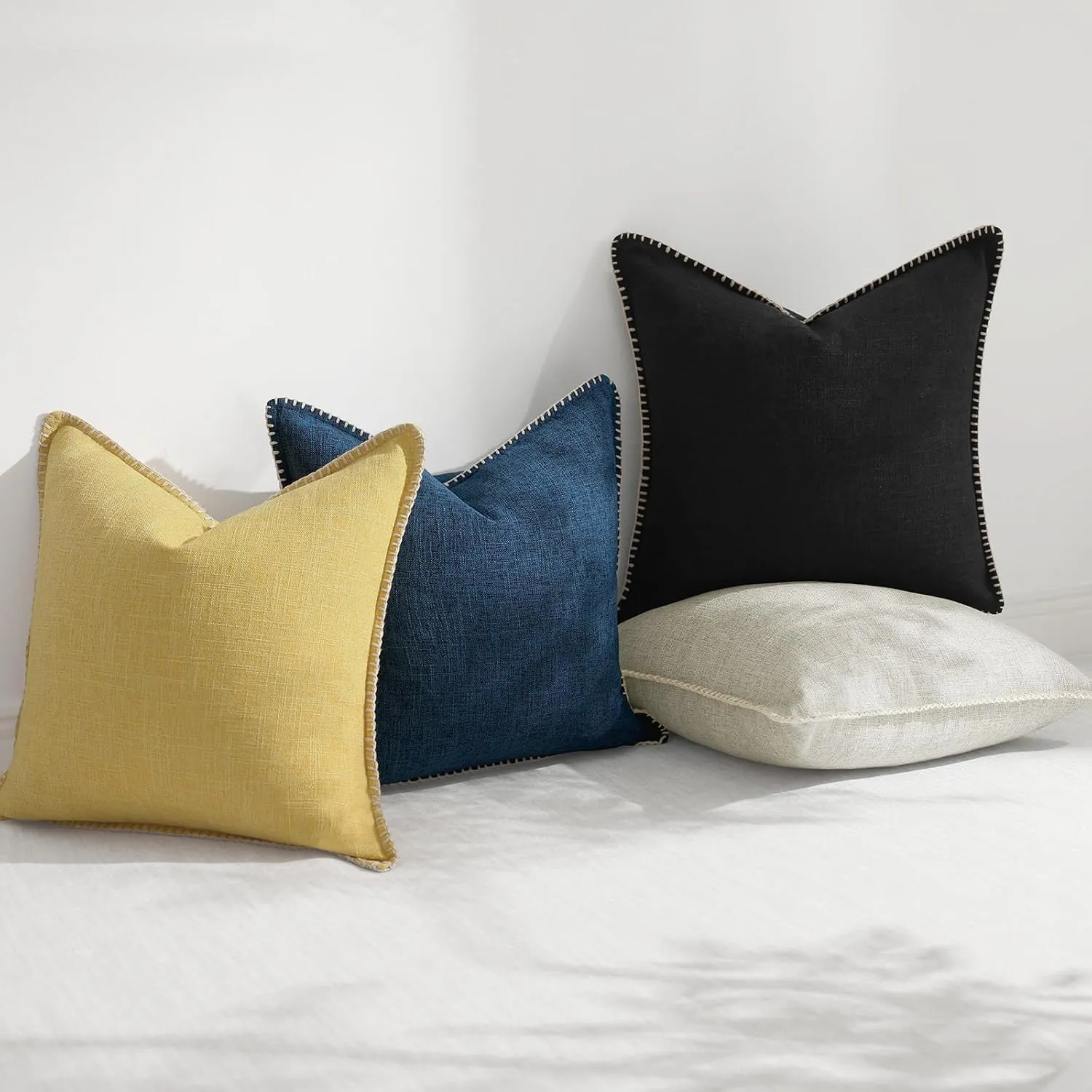 decorUhome Decorative Outdoor Throw Pillow Covers 18x18 Set of 2, Square Linen Rustic Neutral Farmhouse Pillow Covers with Stitched Edge for Couch, Sofa, Living Room, Beige