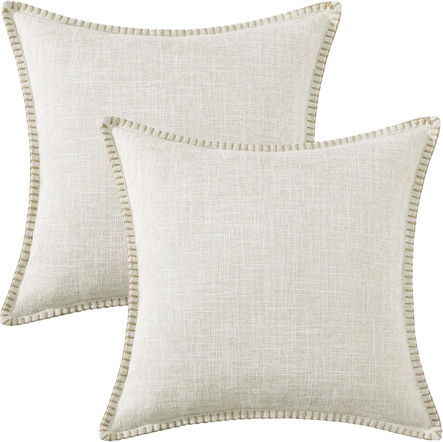 decorUhome Decorative Outdoor Throw Pillow Covers 26x26 Set of 2, Square Linen Rustic Neutral Farmhouse Pillow Covers with Stitched Edge for Couch, Sofa, Living Room, Beige