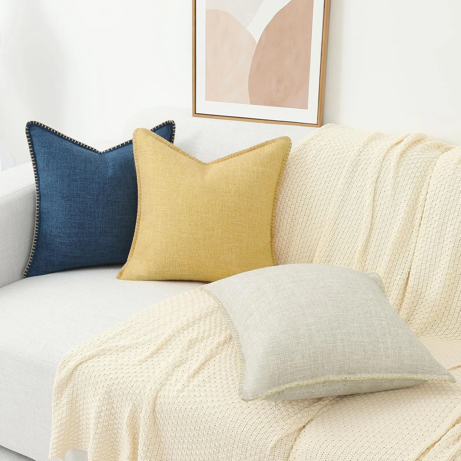 decorUhome Decorative Outdoor Throw Pillow Covers 26x26 Set of 2, Square Linen Rustic Neutral Farmhouse Pillow Covers with Stitched Edge for Couch, Sofa, Living Room, Beige