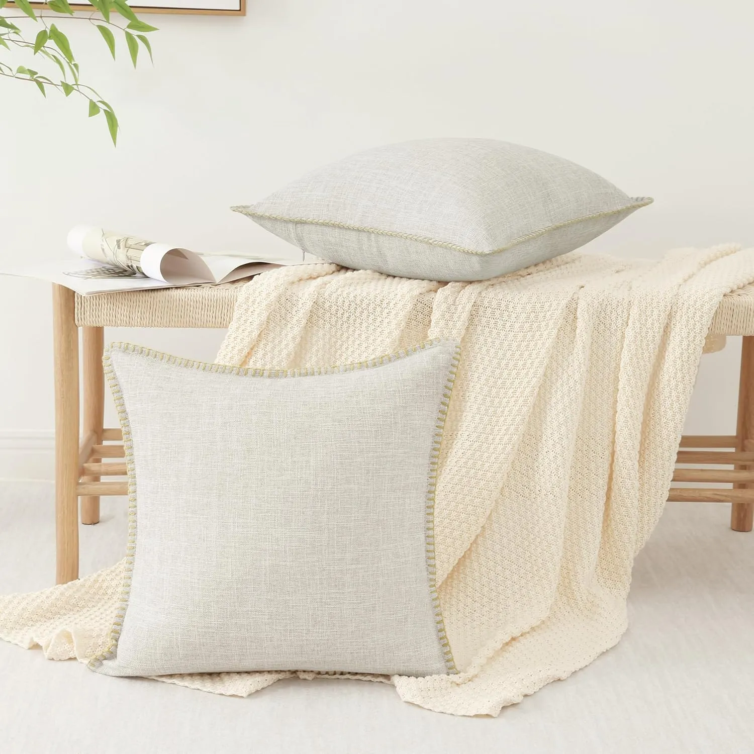 decorUhome Decorative Outdoor Throw Pillow Covers 26x26 Set of 2, Square Linen Rustic Neutral Farmhouse Pillow Covers with Stitched Edge for Couch, Sofa, Living Room, Beige