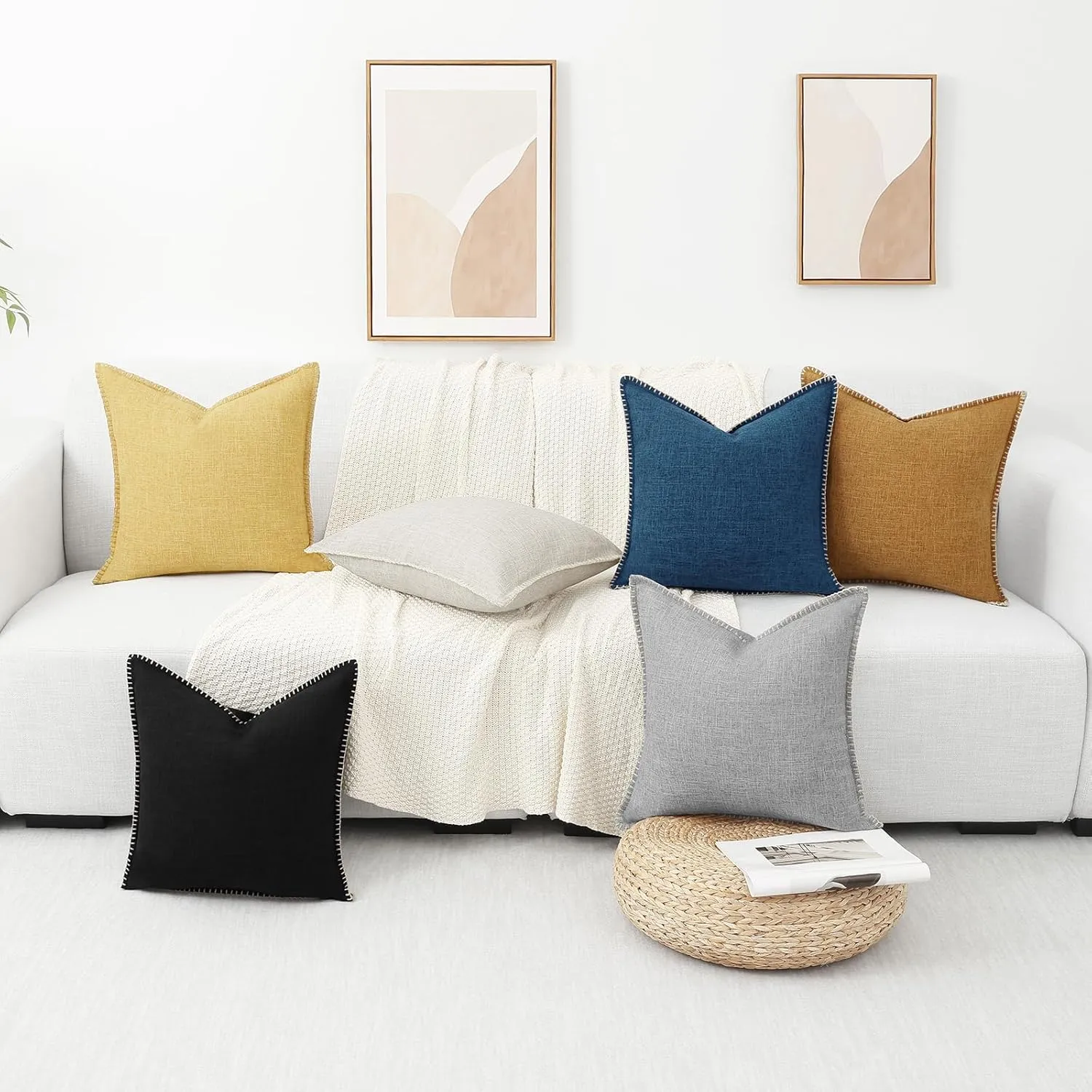 decorUhome Decorative Outdoor Throw Pillow Covers 26x26 Set of 2, Square Linen Rustic Neutral Farmhouse Pillow Covers with Stitched Edge for Couch, Sofa, Living Room, Beige