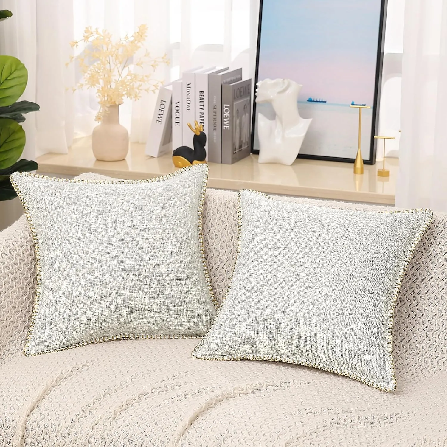 decorUhome Decorative Outdoor Throw Pillow Covers 26x26 Set of 2, Square Linen Rustic Neutral Farmhouse Pillow Covers with Stitched Edge for Couch, Sofa, Living Room, Beige