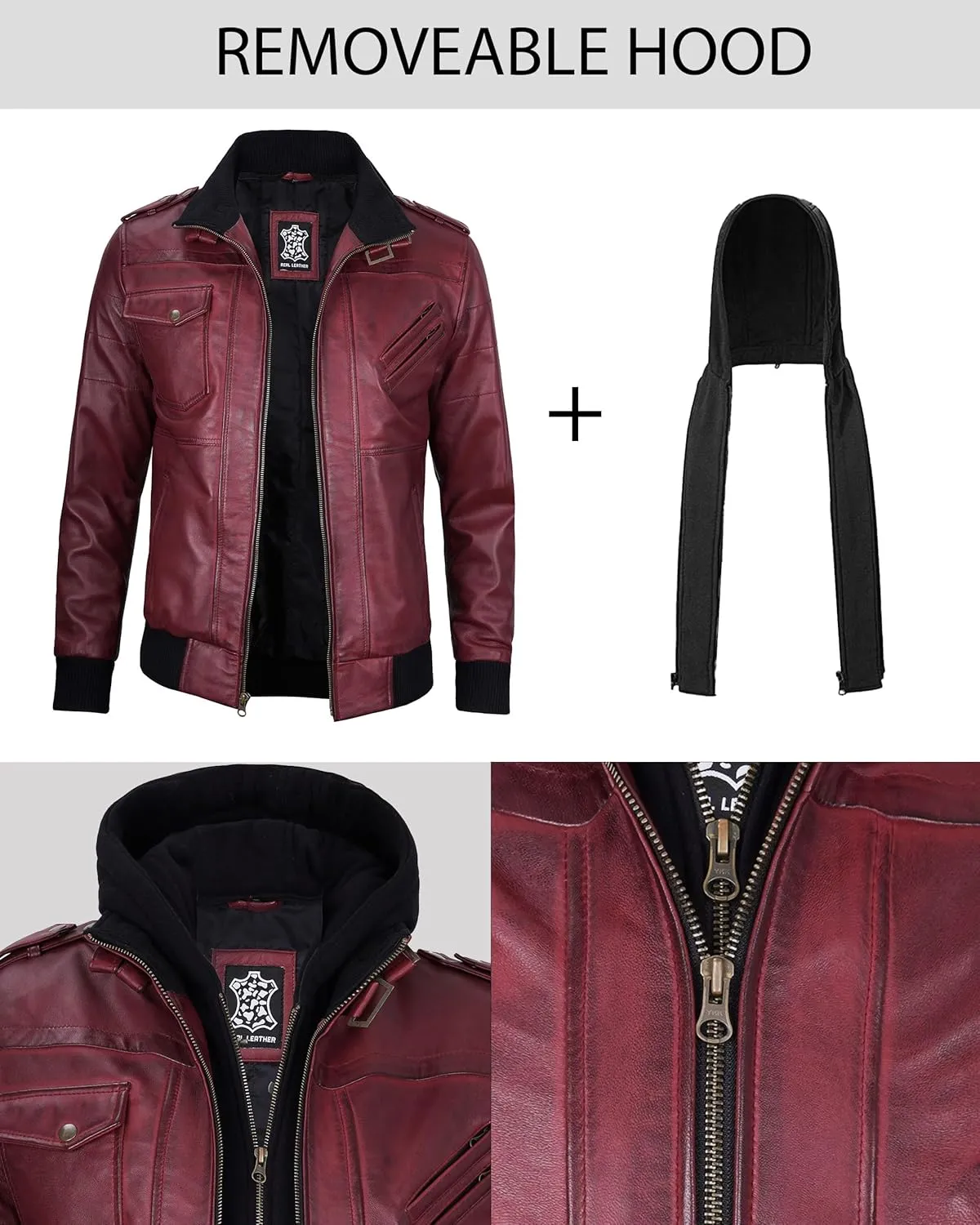 Decrum Hooded Leather Jacket Men - Casual Detachable Hood Leather Jackets for Men