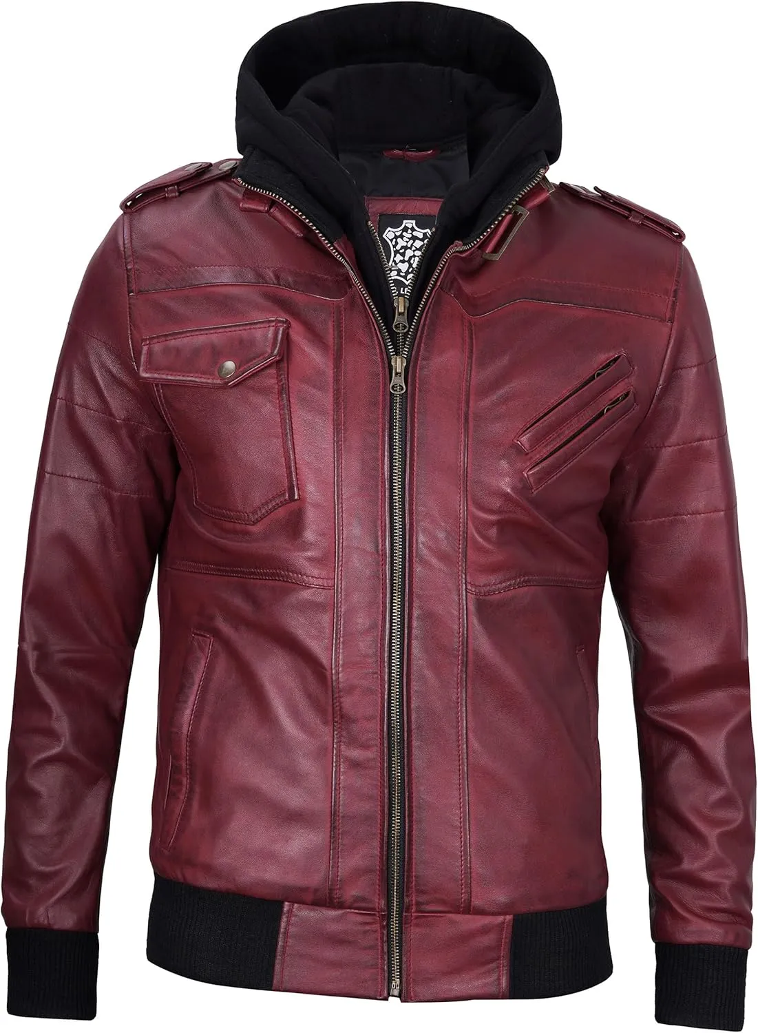 Decrum Hooded Leather Jacket Men - Casual Detachable Hood Leather Jackets for Men