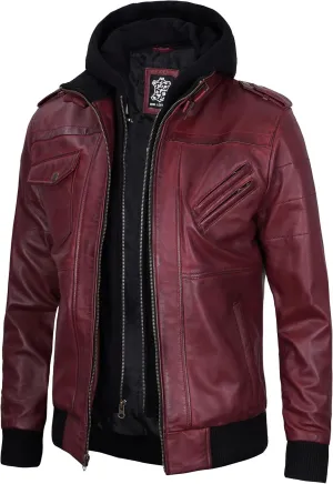 Decrum Hooded Leather Jacket Men - Casual Detachable Hood Leather Jackets for Men