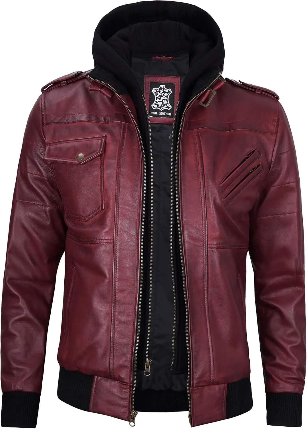 Decrum Hooded Leather Jacket Men - Casual Detachable Hood Leather Jackets for Men