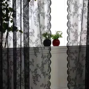 Deeprove Black Lace Curtains 84 Inches Long 2 Panels Set for Bedroom, Sheer Floral Embroideried Vintage Victorian Gothic Window Treatment Pair Ruffle Drape Pair for Halloween, Rod Pocket, W57 x L84