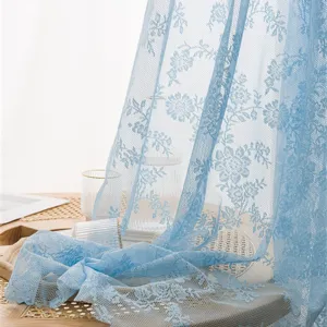 Deeprove Blue Lace Curtains 63 Inch Length 2 Panels Set for Bedroom, Knitted Sheer Floral Antique Vintage Shabby Chic Window Treatment Drape Pair for Farmhouse Christmas Decor, Rod Pocket W57 x L63