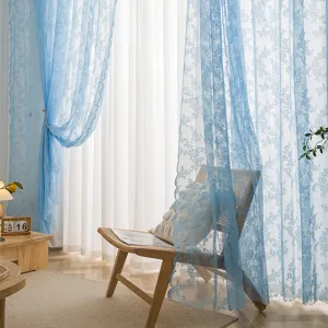 Deeprove Blue Lace Curtains 84 Inches Long, Boho Sheer Curtains Window Treatment Drape Pair 2 Panels Set for Bedroom Living Room Kitchen, Bohemian Shabby Chic Florals Vintage, Rod Pocket, W57 x L84