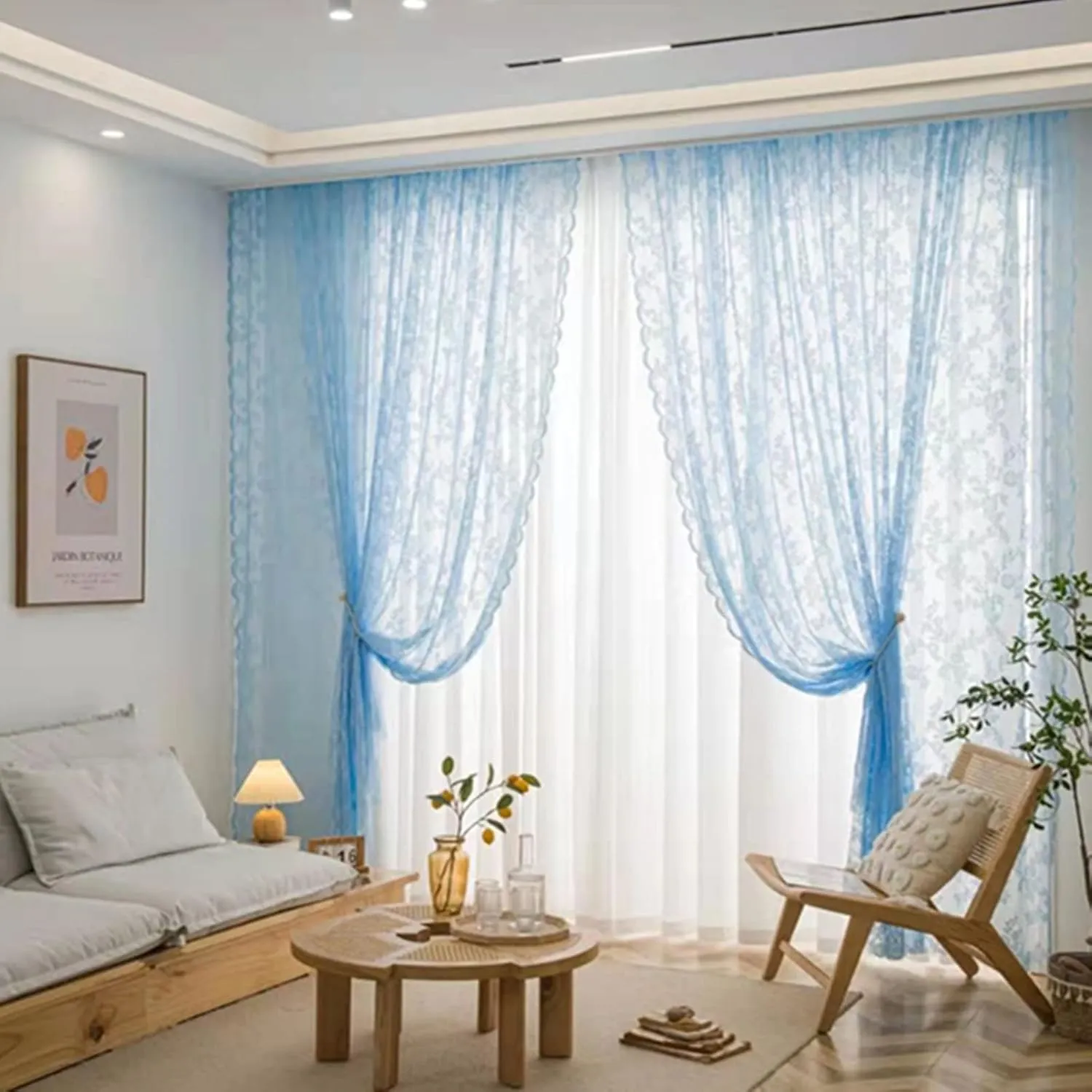 Deeprove Blue Lace Curtains 84 Inches Long, Boho Sheer Curtains Window Treatment Drape Pair 2 Panels Set for Bedroom Living Room Kitchen, Bohemian Shabby Chic Florals Vintage, Rod Pocket, W57 x L84