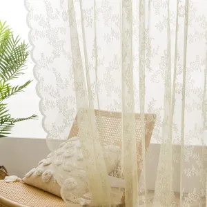 Deeprove Lace Curtains 84 Inches Long 2 Panels Set, Yellow Sheer Roses Embroidery Vintage Voile Farmhouse Window Panel Pair Ruffled Drape for Bedroom/Kitchen, Rod Pocket, Width 57" x Length 84"