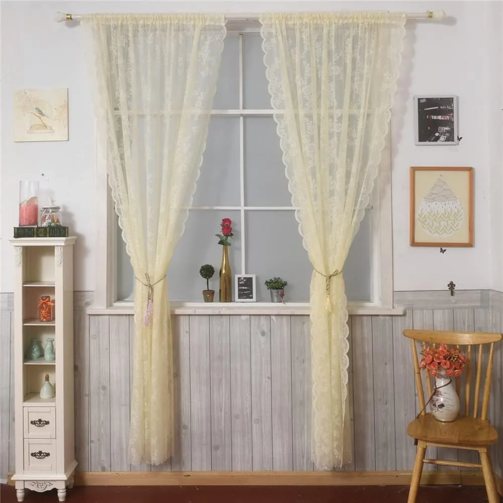 Deeprove Lace Curtains 84 Inches Long 2 Panels Set, Yellow Sheer Roses Embroidery Vintage Voile Farmhouse Window Panel Pair Ruffled Drape for Bedroom/Kitchen, Rod Pocket, Width 57" x Length 84"