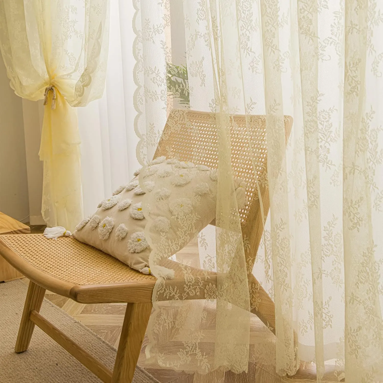Deeprove Lace Curtains 84 Inches Long 2 Panels Set, Yellow Sheer Roses Embroidery Vintage Voile Farmhouse Window Panel Pair Ruffled Drape for Bedroom/Kitchen, Rod Pocket, Width 57" x Length 84"
