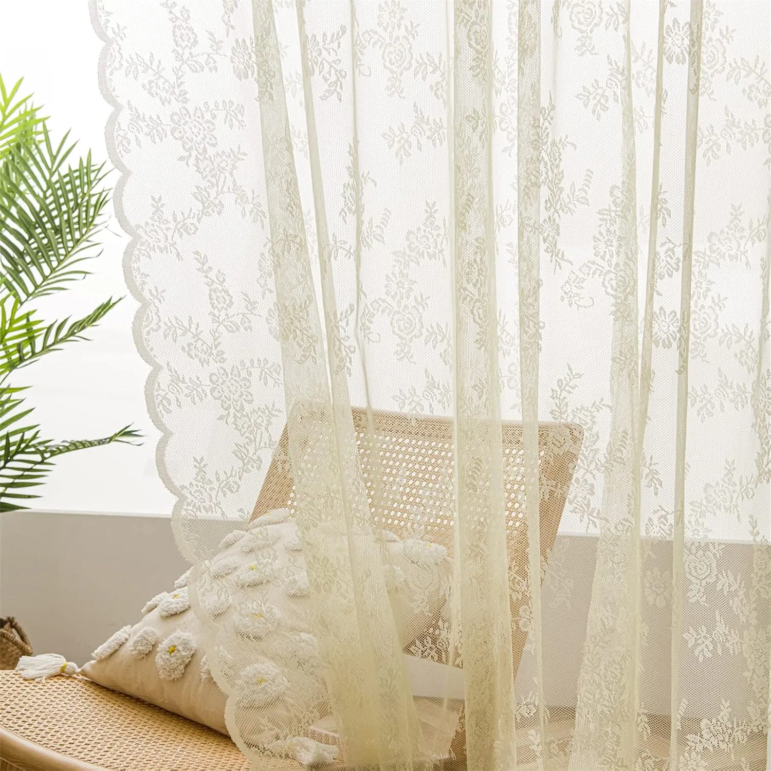 Deeprove Lace Curtains 84 Inches Long 2 Panels Set, Yellow Sheer Roses Embroidery Vintage Voile Farmhouse Window Panel Pair Ruffled Drape for Bedroom/Kitchen, Rod Pocket, Width 57" x Length 84"