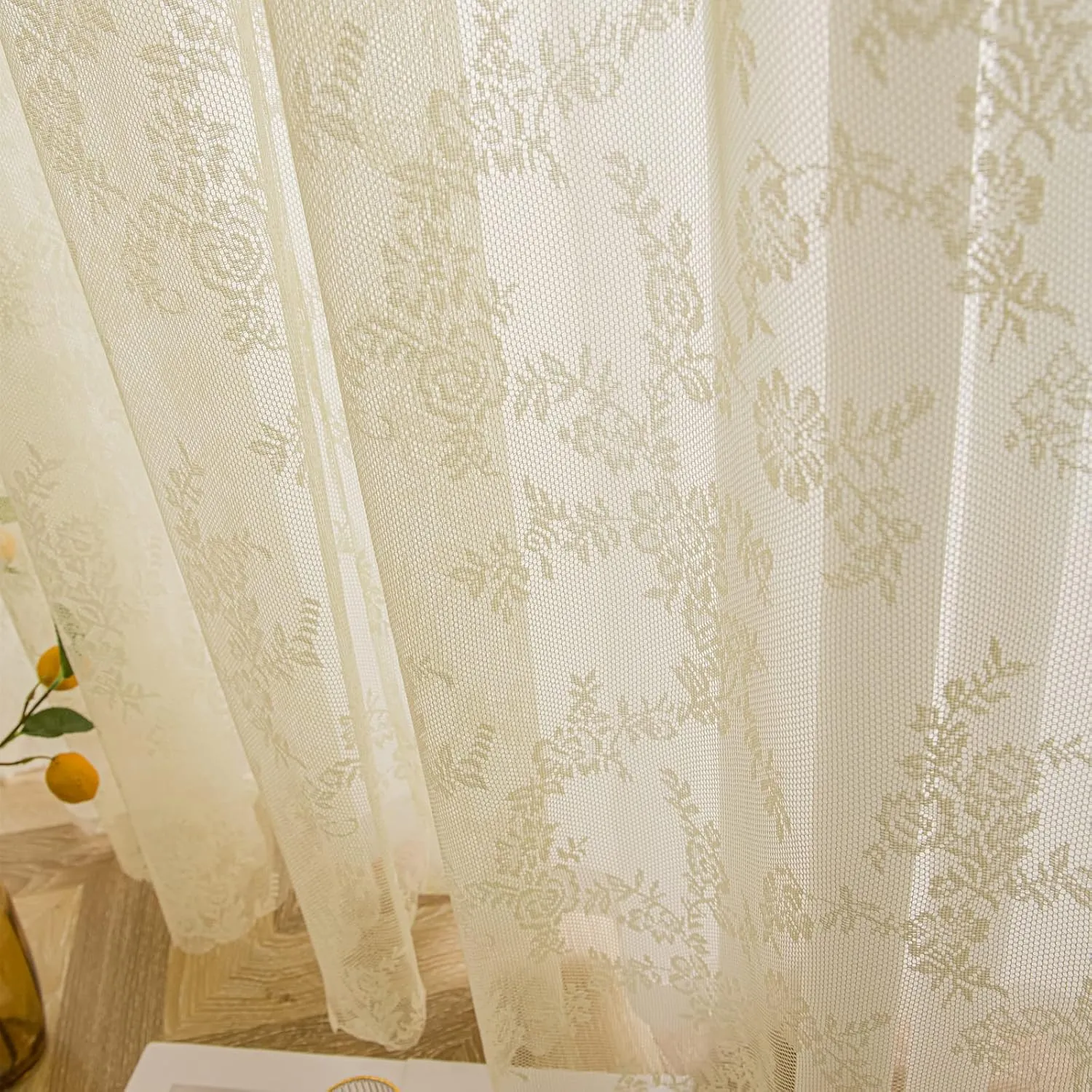 Deeprove Lace Curtains 84 Inches Long 2 Panels Set, Yellow Sheer Roses Embroidery Vintage Voile Farmhouse Window Panel Pair Ruffled Drape for Bedroom/Kitchen, Rod Pocket, Width 57" x Length 84"