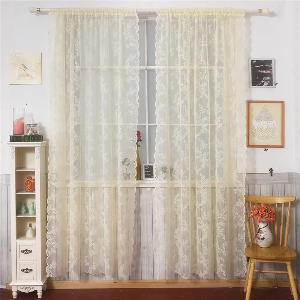 Deeprove Lace Curtains 84 Inches Long 2 Panels Set, Yellow Sheer Roses Embroidery Vintage Voile Farmhouse Window Panel Pair Ruffled Drape for Bedroom/Kitchen, Rod Pocket, Width 57" x Length 84"
