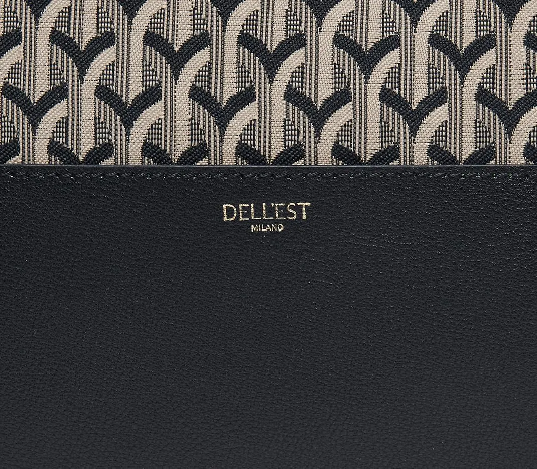 Dell'est Milano Brand Wanda Shopper Bag Jacquard Black Designer Monogram Tote Bag, Black and Grey Pattern, Large Shoulder Handbag with Gold Hardware