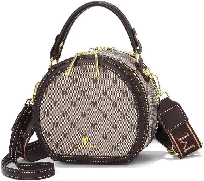 Designer Monogram Round Crossbody Bag, Brown Canvas Pattern, Gold Hardware, Adjustable Strap