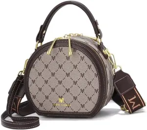 Designer Monogram Round Crossbody Bag, Brown Canvas Pattern, Gold Hardware, Adjustable Strap