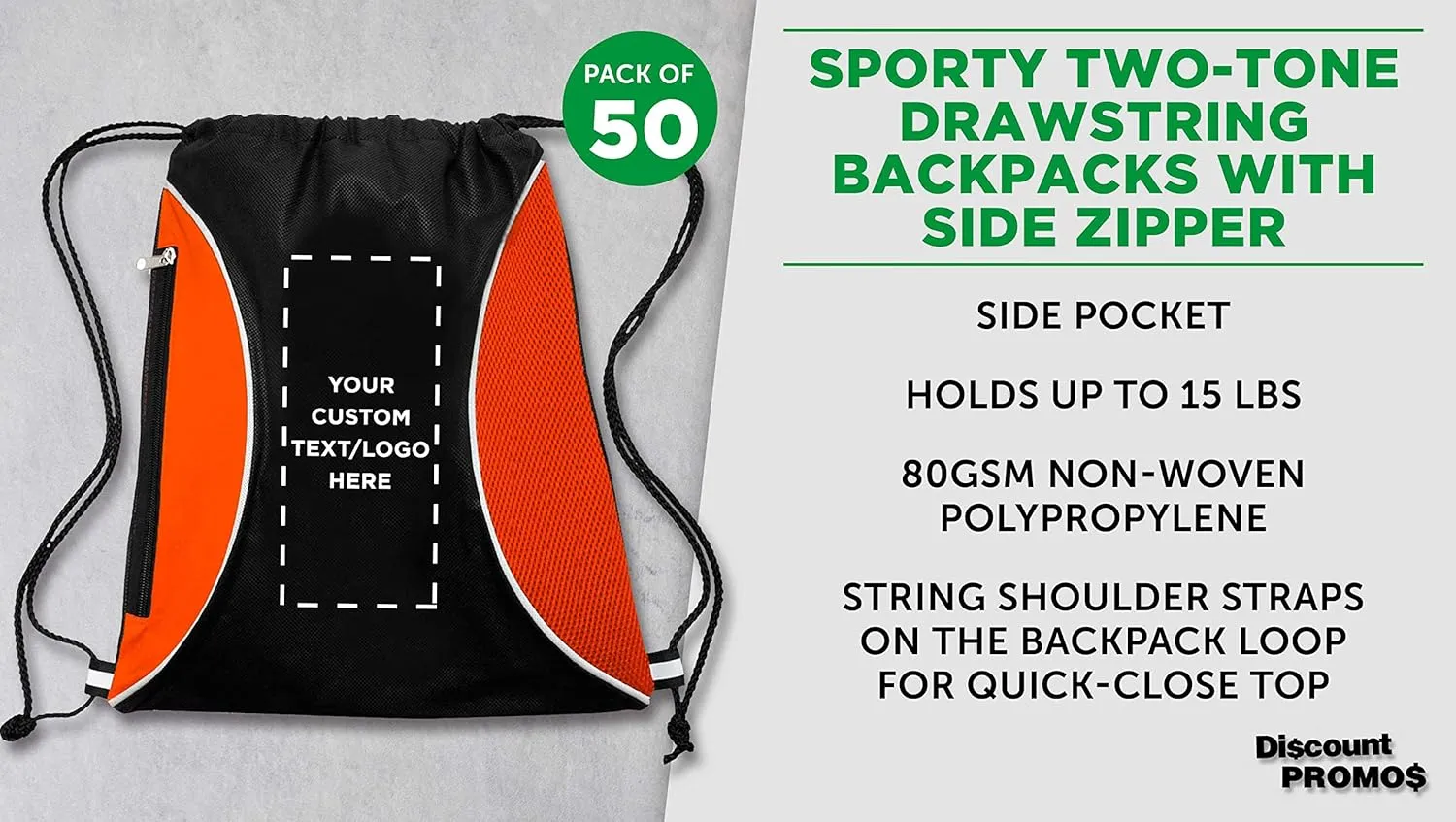 DISCOUNT PROMOS 50 Zipper Side Drawstring Backpacks Set - Customizable Text, Logo - Two tone, Minimalist, Black Ink - Orange