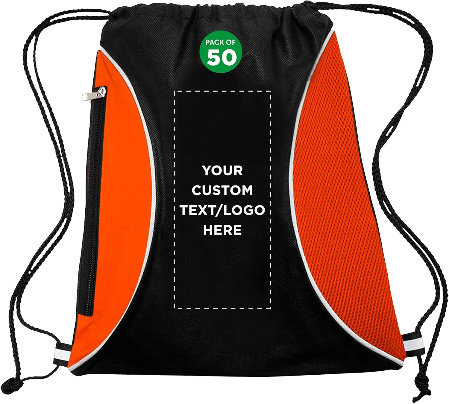 DISCOUNT PROMOS 50 Zipper Side Drawstring Backpacks Set - Customizable Text, Logo - Two tone, Minimalist, Black Ink - Orange