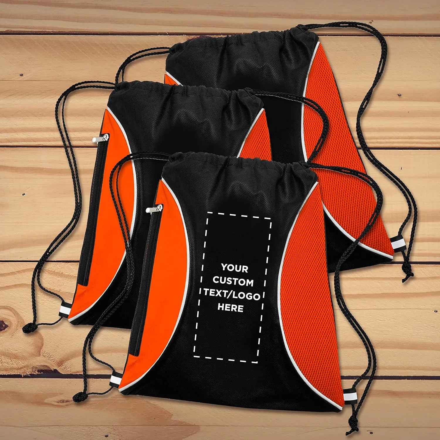 DISCOUNT PROMOS 50 Zipper Side Drawstring Backpacks Set - Customizable Text, Logo - Two tone, Minimalist, Black Ink - Orange