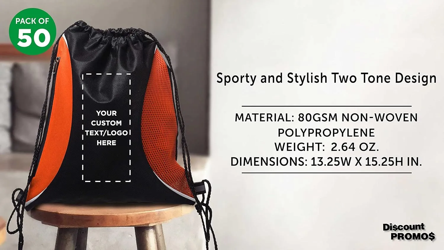 DISCOUNT PROMOS 50 Zipper Side Drawstring Backpacks Set - Customizable Text, Logo - Two tone, Minimalist, Black Ink - Orange