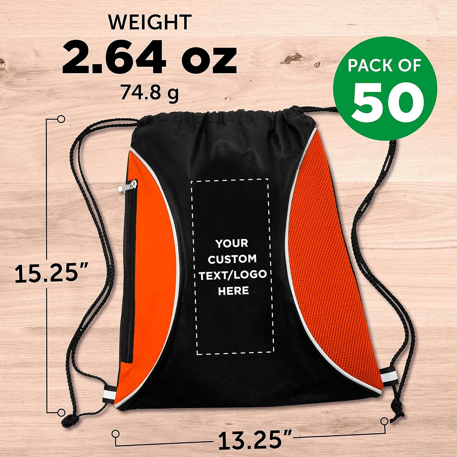 DISCOUNT PROMOS 50 Zipper Side Drawstring Backpacks Set - Customizable Text, Logo - Two tone, Minimalist, Black Ink - Orange