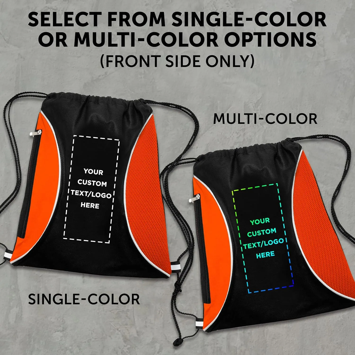 DISCOUNT PROMOS 50 Zipper Side Drawstring Backpacks Set - Customizable Text, Logo - Two tone, Minimalist, Black Ink - Orange