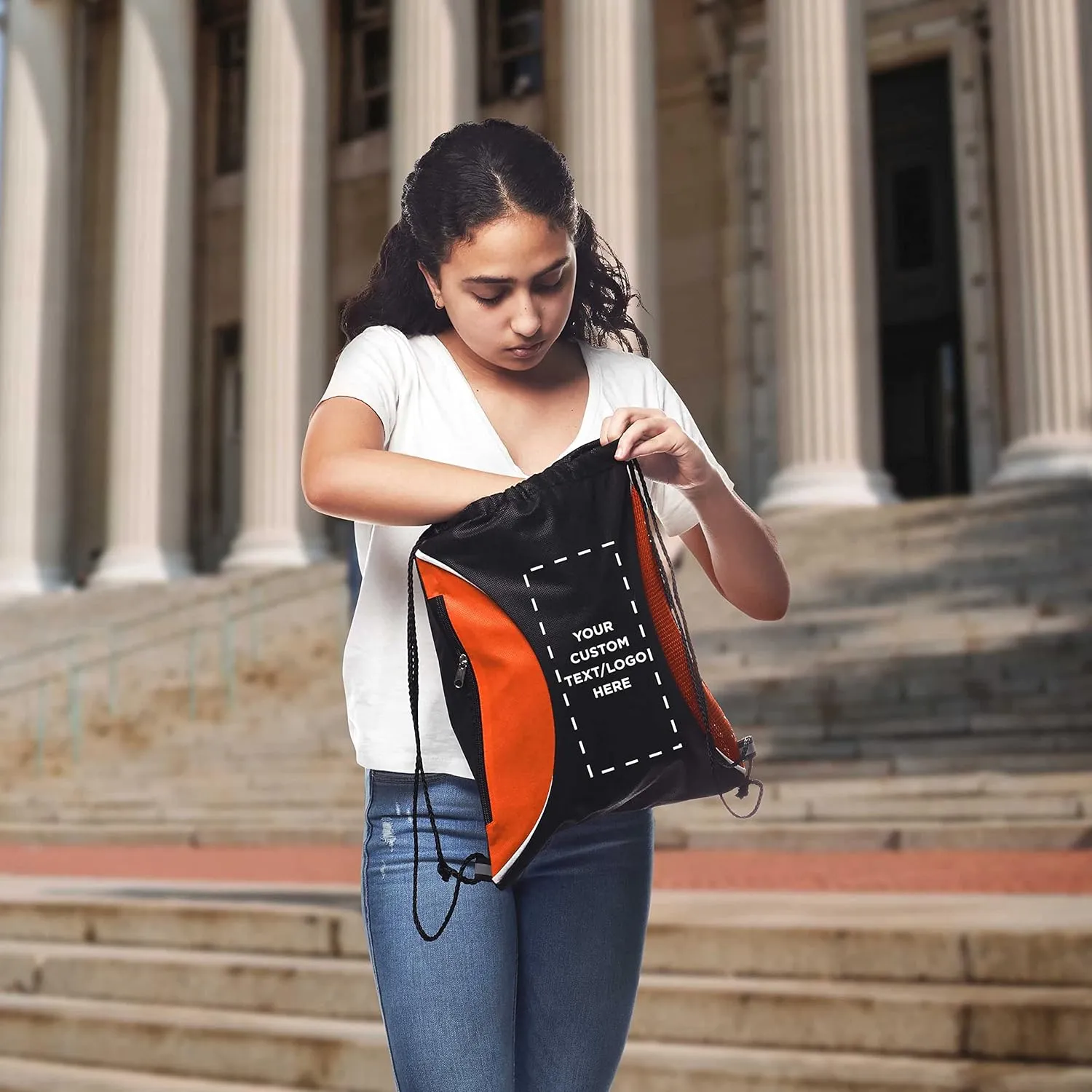 DISCOUNT PROMOS 50 Zipper Side Drawstring Backpacks Set - Customizable Text, Logo - Two tone, Minimalist, Black Ink - Orange
