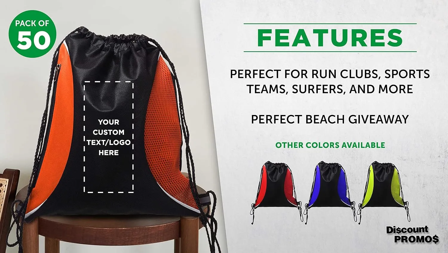 DISCOUNT PROMOS 50 Zipper Side Drawstring Backpacks Set - Customizable Text, Logo - Two tone, Minimalist, Black Ink - Orange