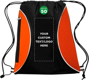 DISCOUNT PROMOS 50 Zipper Side Drawstring Backpacks Set - Customizable Text, Logo - Two tone, Minimalist, Black Ink - Orange