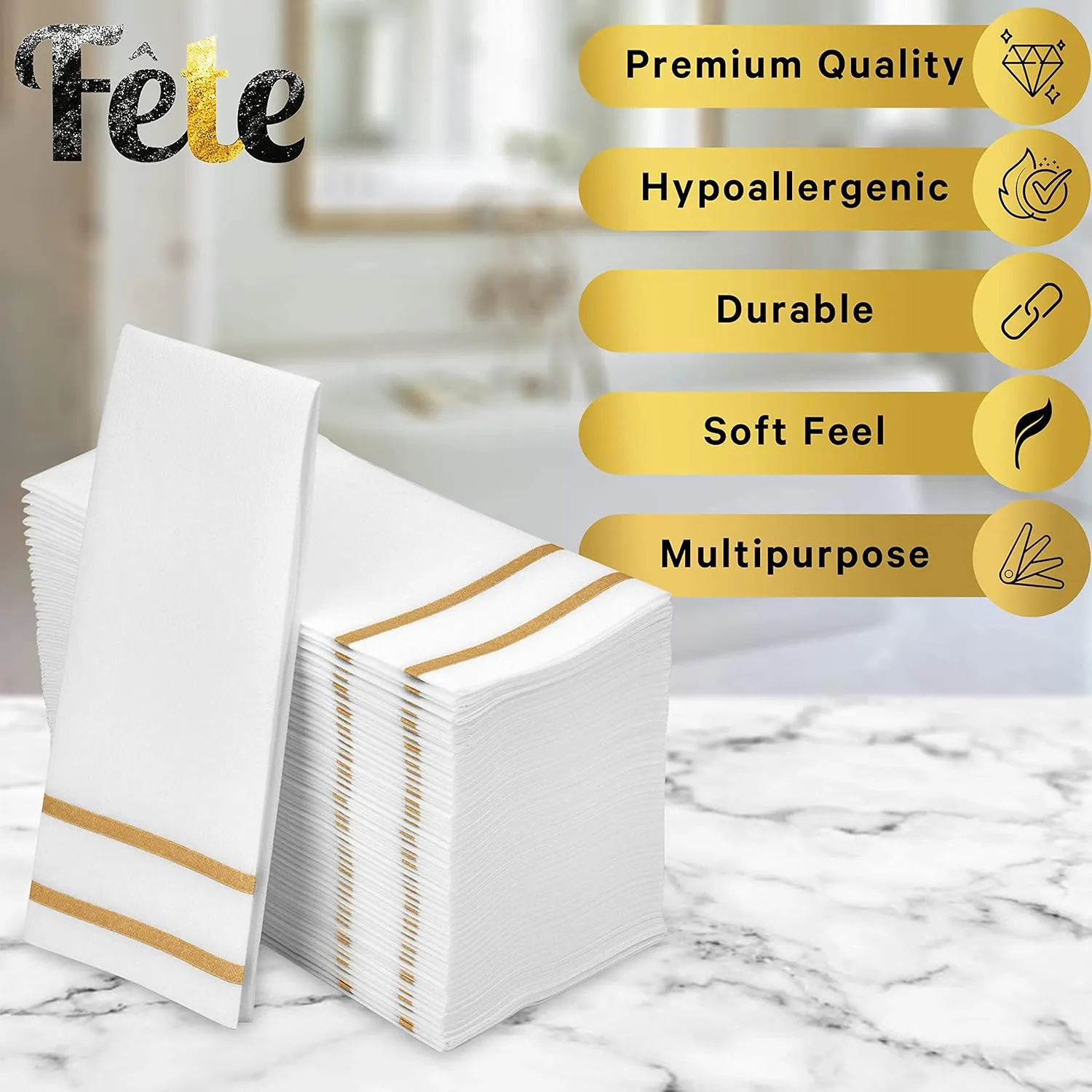 Disposable Hand Towels for Bathroom, Gold Design 200 Disposable Linen-Feel Guest Towels – Formal Dinner, Wedding Napkins for Tables, and Restrooms - 8.5x4-Inches Folded 12x16.5-inches unfolded,