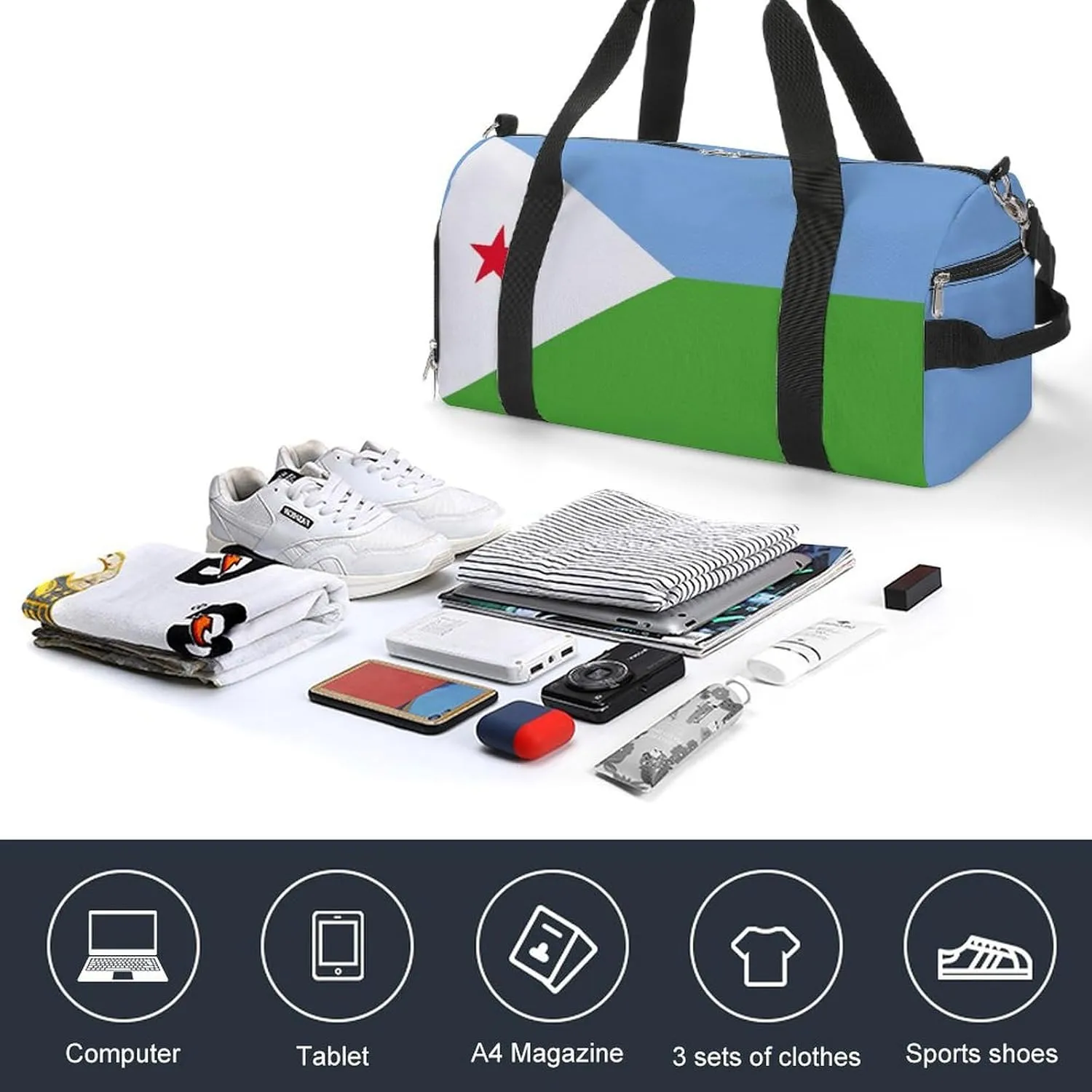 Djibouti Flag Gym Bag with Shoe Compartment and Wet Pocket Travel Duffel for Sports