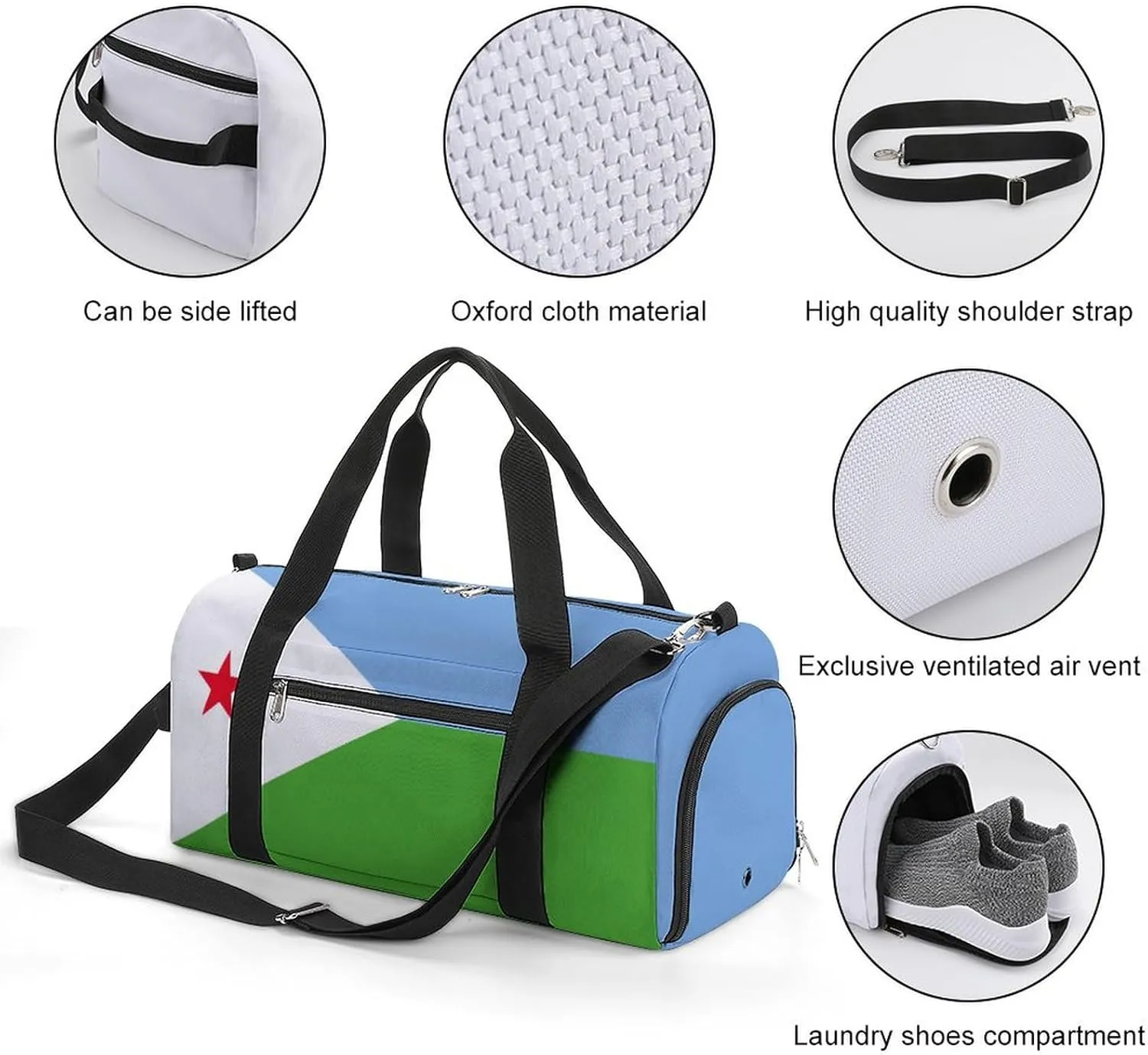 Djibouti Flag Gym Bag with Shoe Compartment and Wet Pocket Travel Duffel for Sports
