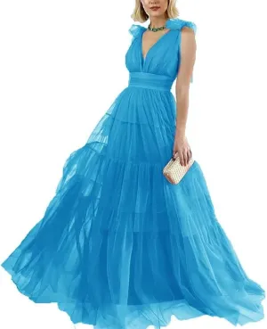 Double V-Neck Tulle Prom Dress for Women Long Spaghetti Straps Backless Formal Evening Party Gowns