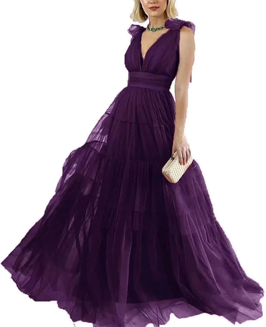 Double V-Neck Tulle Prom Dress for Women Long Spaghetti Straps Backless Formal Evening Party Gowns