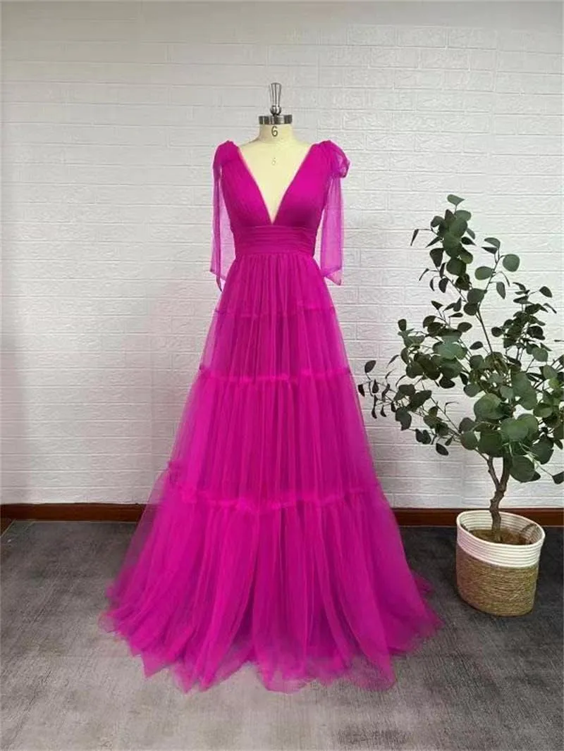 Double V-Neck Tulle Prom Dress for Women Long Spaghetti Straps Backless Formal Evening Party Gowns
